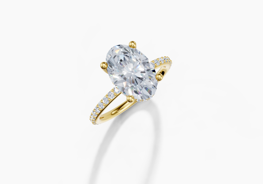 18K Oval 3 Carat F/G VS/SI Plain Plate Prong Hidden Halo Diamond Ring