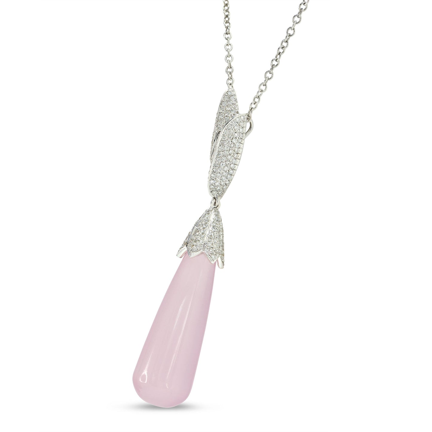 Tropfenanhänger aus Rosenquarz und Diamanten