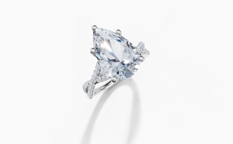 Platinum Pear 4 Carat G/H SI Twisted U Micro Hidden Halo Diamond Ring
