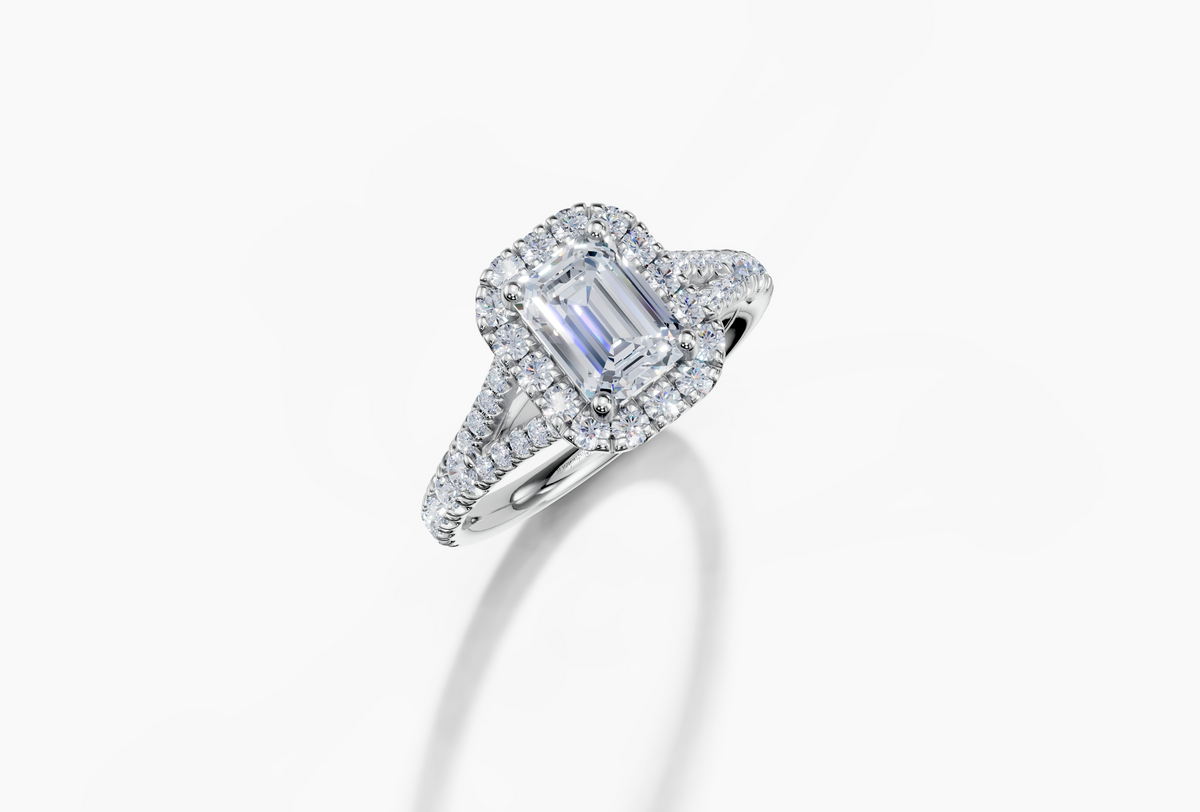 Platinum Emerald 1 Carat D/E/F VS/VVS Split U Micro Single Halo Diamond Ring