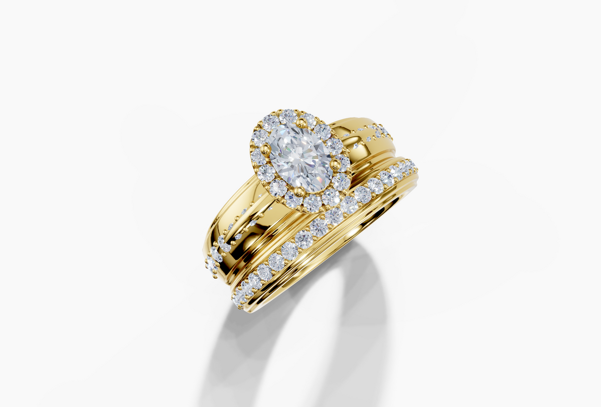 18K Oval 0.4 Carat G/H SI Wide Plain Plate Prong Single Halo Diamond Ring