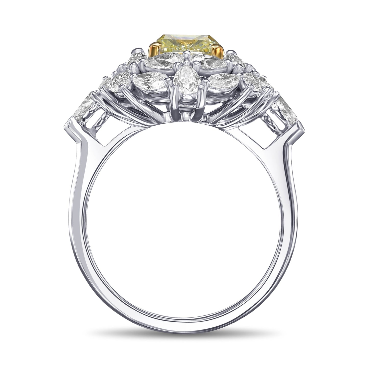 Außergewöhnlicher Ring mit grünem und gelbem Kissen-Diamanten