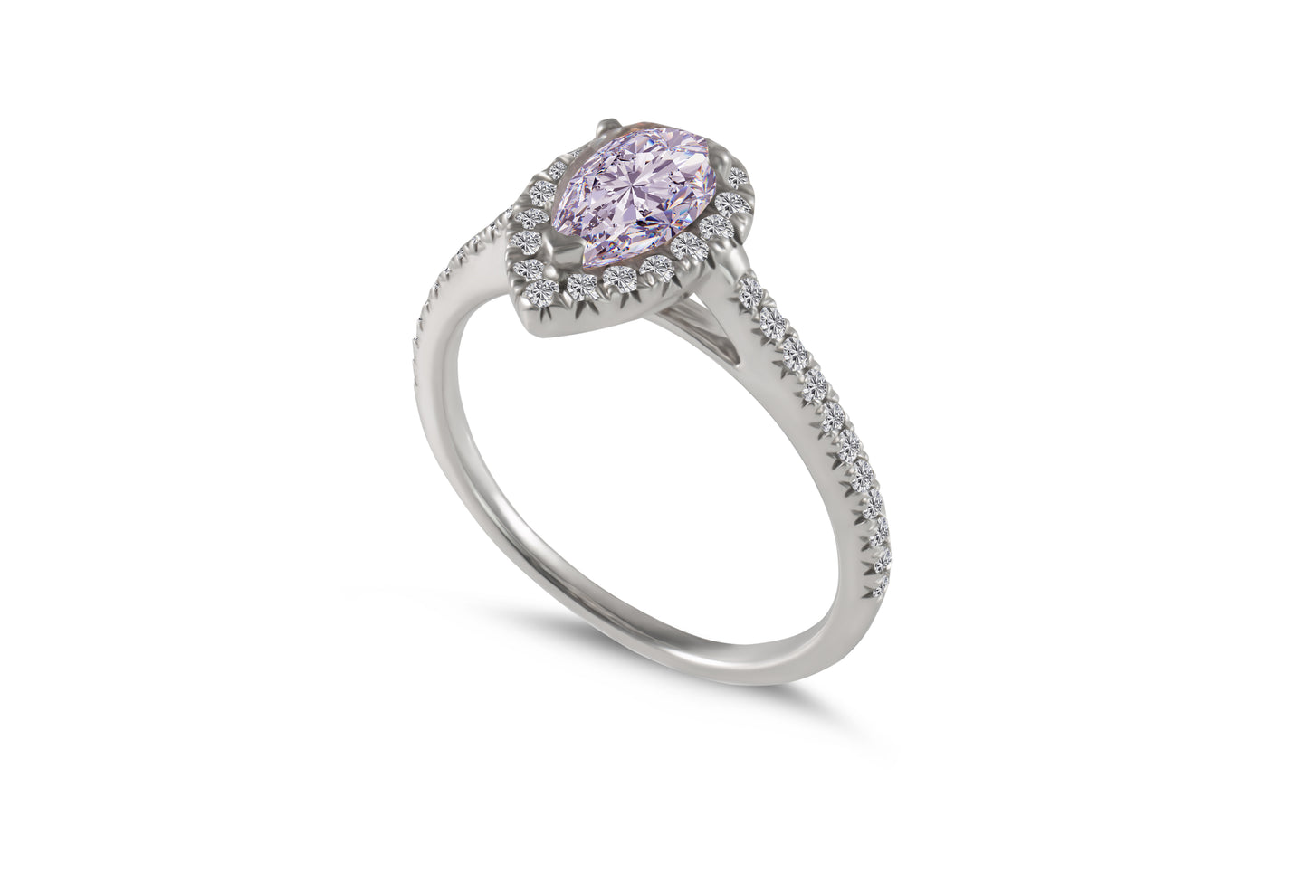 Eleganter Verlobungsring Rosa mit 0.52 Karat Natur-Fancy-Pink-Diamant im Pearshape-Schliff, umgeben von einem Diamant-Halo – erhältlich in München und Augsburg