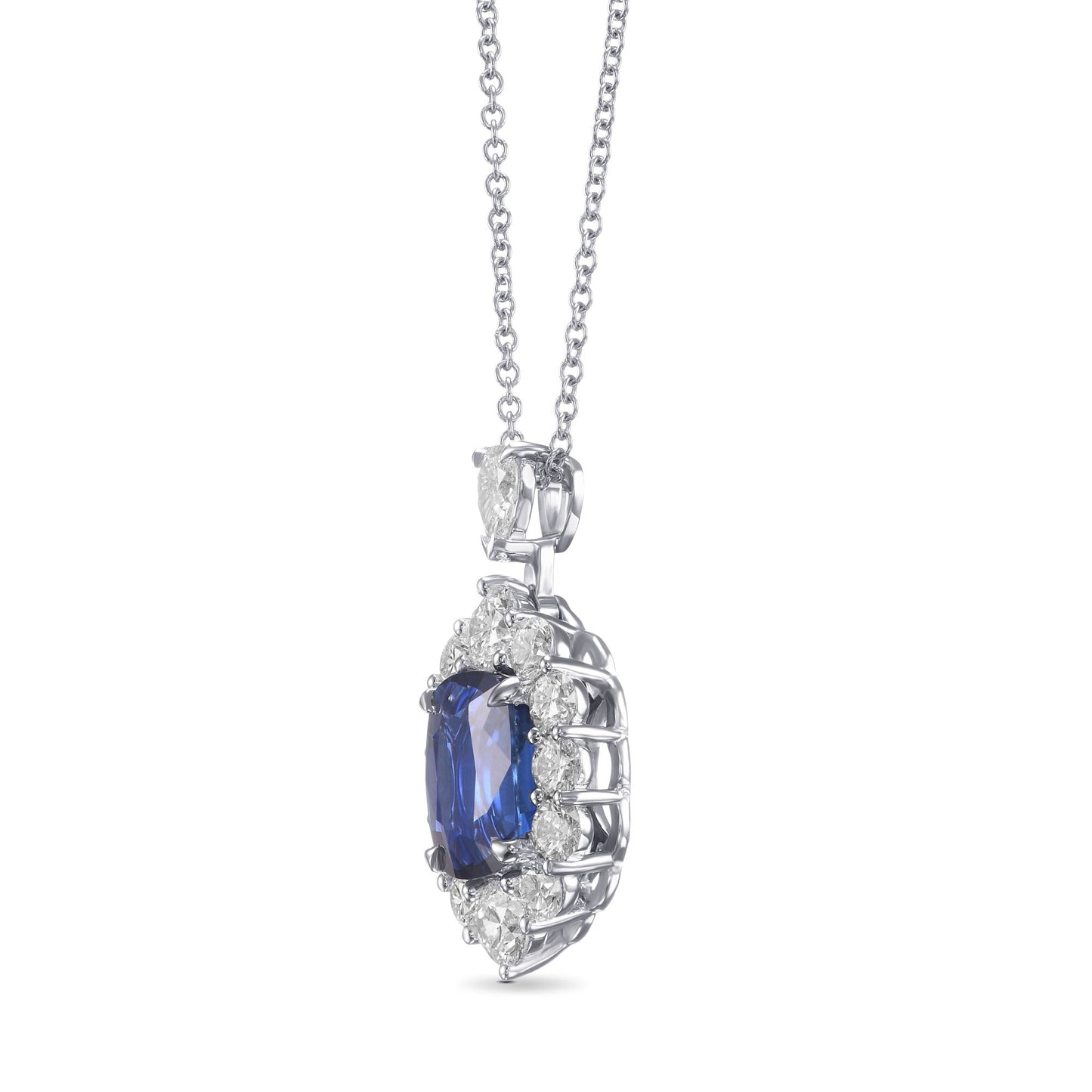Anhänger mit königsblauem Saphir im Kissen-Design und Diamant-Halo