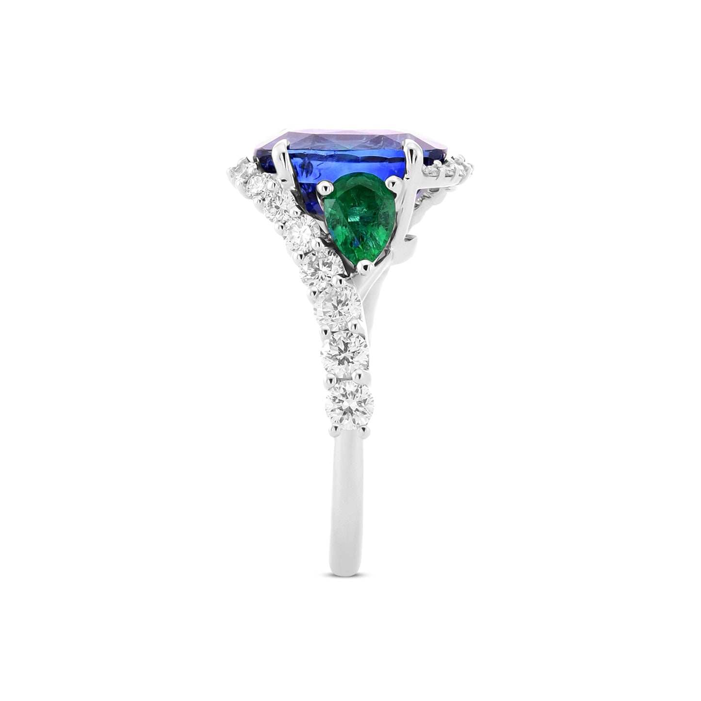 Royal Blue Oval Sapphire, Pear Emeralds, and Diamond Ring