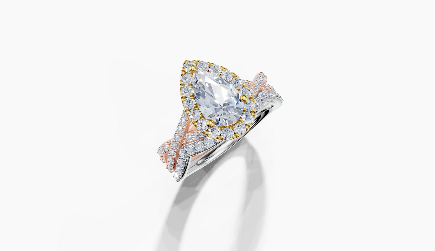 18K Pear 1 Carat E/F VS Twisted Plate Prong Single Halo Diamond Ring