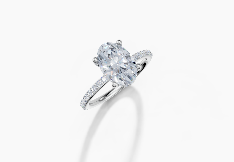 18K Oval 2 Carat G/H SI Plain Plate Prong Hidden Halo Diamond Ring