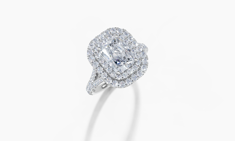 18K Radiant 1.5 Carat F/G VS/SI Split U Micro Double Halo Diamond Ring