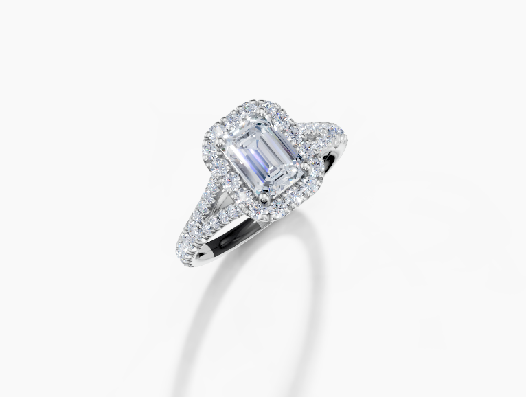 Platinum Emerald 1 Carat D/E/F VS/VVS Split U Micro Single Halo Diamond Ring