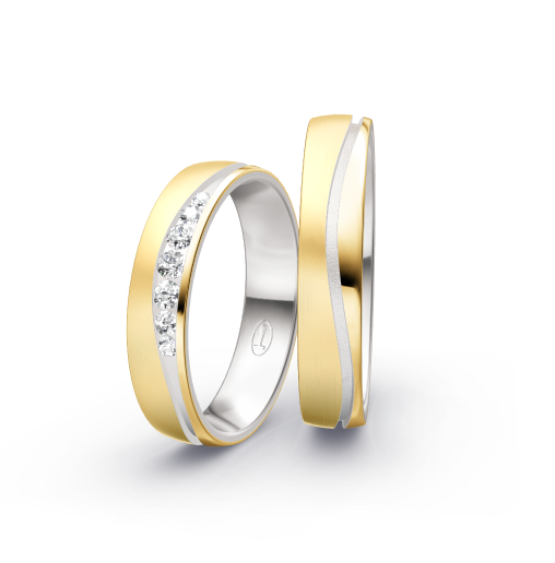 Wedding rings with brushed/polished finish, channel-set diamonds and modern bicolor style