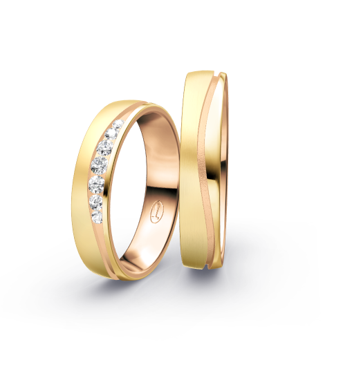 Wedding rings with brushed/polished finish, channel-set diamonds and modern bicolor style