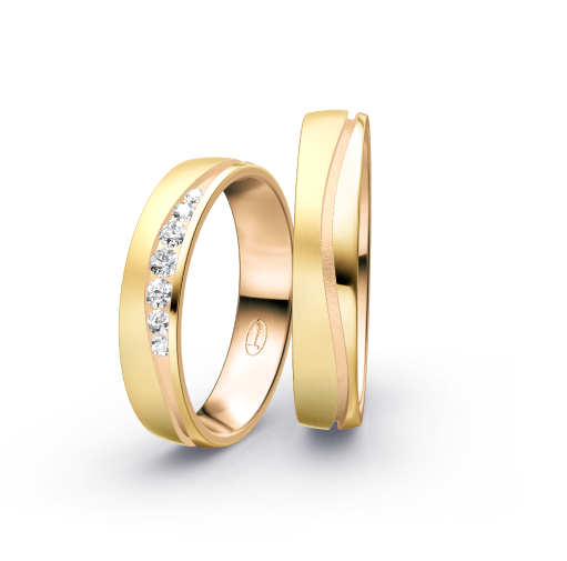 Wedding rings with brushed/polished finish, channel-set diamonds and modern bicolor style