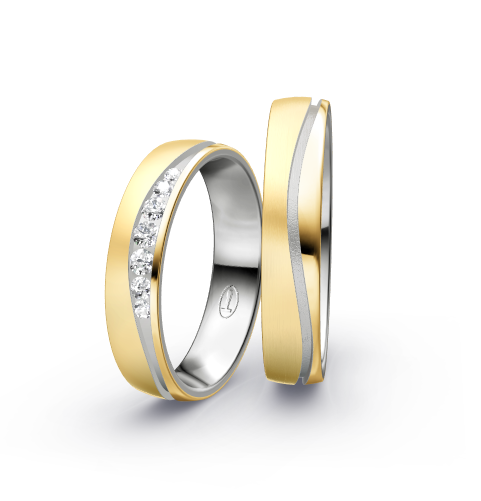Wedding rings with brushed/polished finish, channel-set diamonds and modern bicolor style