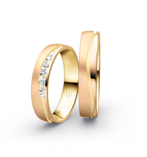 Wedding rings with brushed/polished finish, channel-set diamonds and modern bicolor style