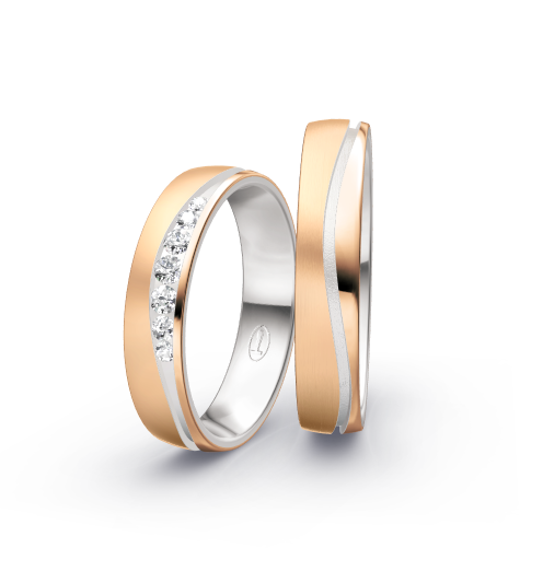 Wedding rings with brushed/polished finish, channel-set diamonds and modern bicolor style