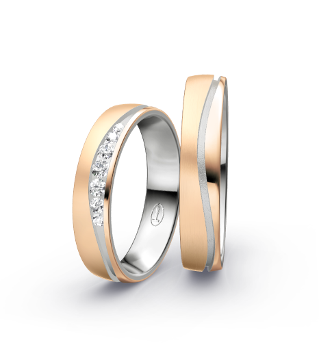 Wedding rings with brushed/polished finish, channel-set diamonds and modern bicolor style