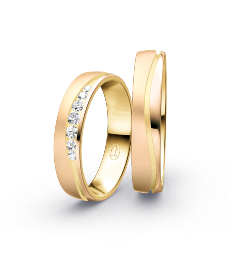 Wedding rings with brushed/polished finish, channel-set diamonds and modern bicolor style