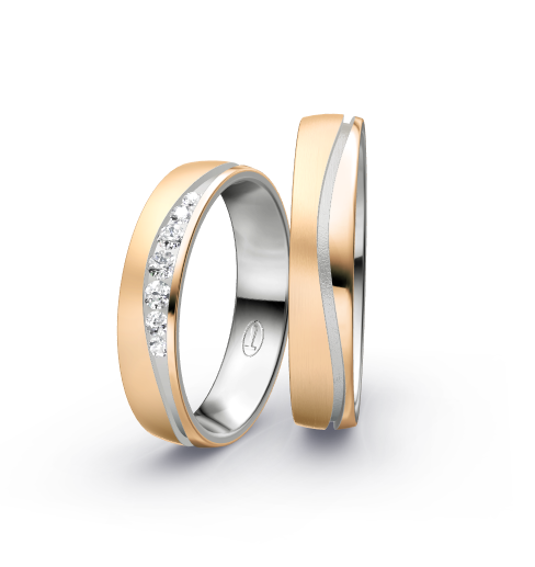 Wedding rings with brushed/polished finish, channel-set diamonds and modern bicolor style