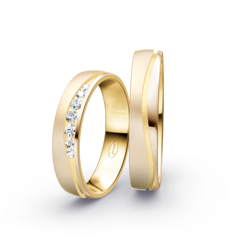 Wedding rings with brushed/polished finish, channel-set diamonds and modern bicolor style