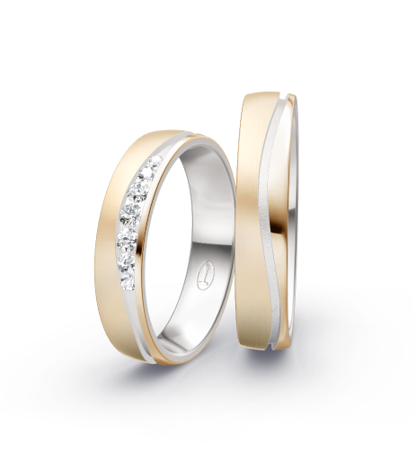 Wedding rings with brushed/polished finish, channel-set diamonds and modern bicolor style