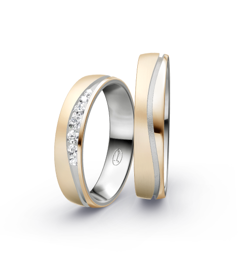 Wedding rings with brushed/polished finish, channel-set diamonds and modern bicolor style