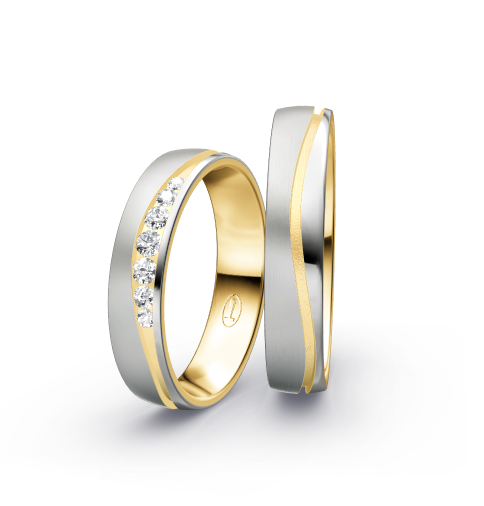 Wedding rings with brushed/polished finish, channel-set diamonds and modern bicolor style