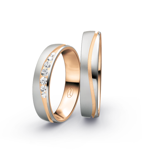 Wedding rings with brushed/polished finish, channel-set diamonds and modern bicolor style
