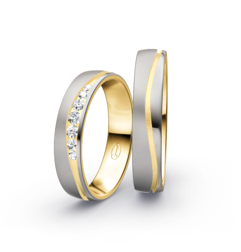 Wedding rings with brushed/polished finish, channel-set diamonds and modern bicolor style