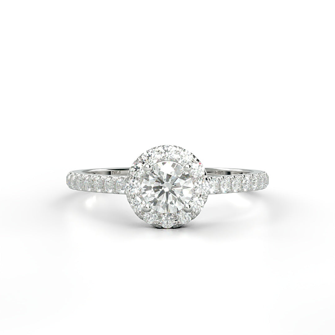 Verlobungsring Pauline mit 0.23 ct H/SI-Diamant im Halo, umrahmt von seitlichen Diamanten mit insgesamt 0.27 ct – erhältlich in München und Augsburg