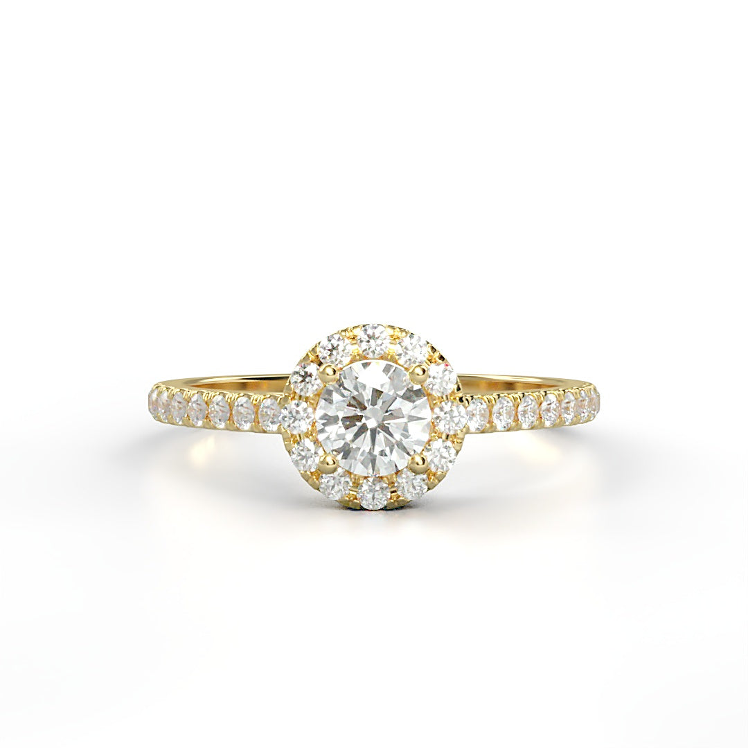 Verlobungsring Pauline mit 0.23 ct H/SI-Diamant im Halo, umrahmt von seitlichen Diamanten mit insgesamt 0.27 ct – erhältlich in München und Augsburg