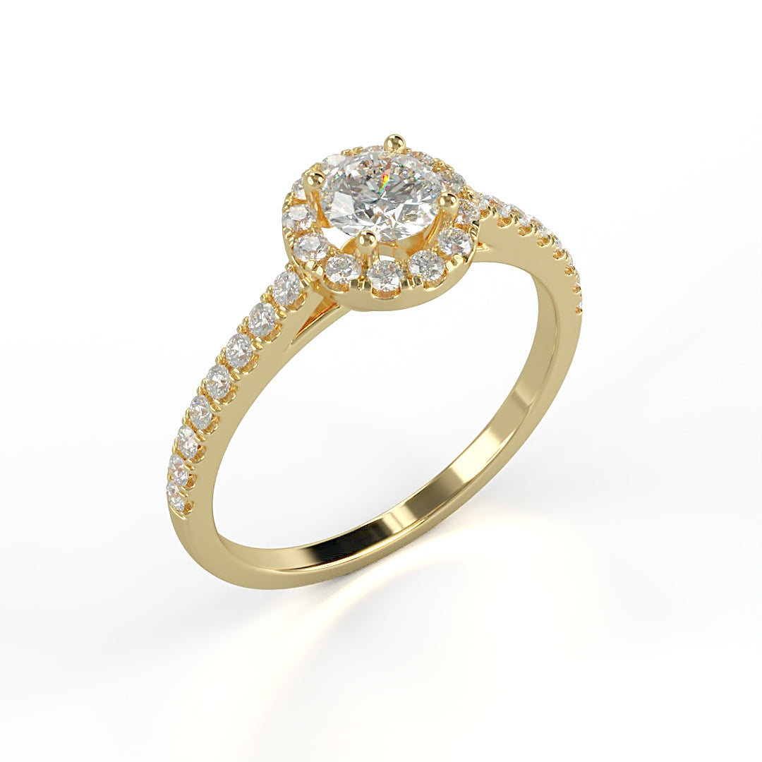Verlobungsring Pauline mit 0.23 ct H/SI-Diamant im Halo, umrahmt von seitlichen Diamanten mit insgesamt 0.27 ct – erhältlich in München und Augsburg