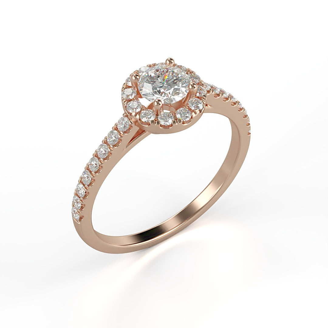 Verlobungsring Pauline mit 0.23 ct H/SI-Diamant im Halo, umrahmt von seitlichen Diamanten mit insgesamt 0.27 ct – erhältlich in München und Augsburg