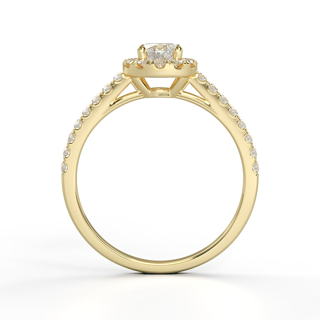 Verlobungsring Pauline mit 0.23 ct H/SI-Diamant im Halo, umrahmt von seitlichen Diamanten mit insgesamt 0.27 ct – erhältlich in München und Augsburg