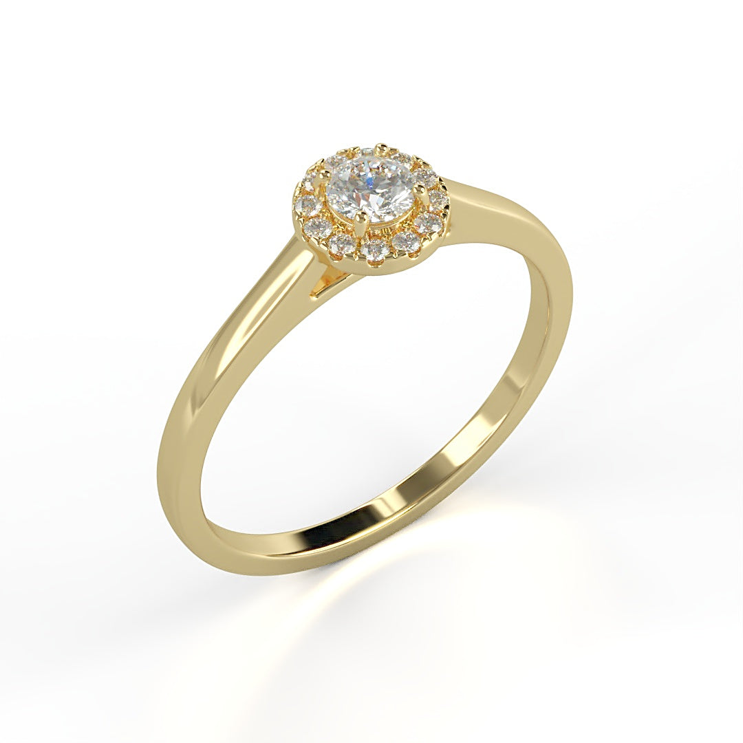 Verlobungsring Amelie mit 0.10 ct W/SI-Diamant, umrahmt von 0.05 ct H/SI-Diamanten im Halo – erhältlich in München und Augsburg