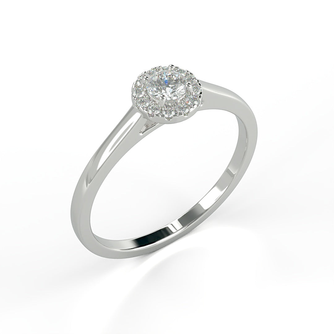 Verlobungsring Amelie mit 0.10 ct W/SI-Diamant, umrahmt von 0.05 ct H/SI-Diamanten im Halo – erhältlich in München und Augsburg