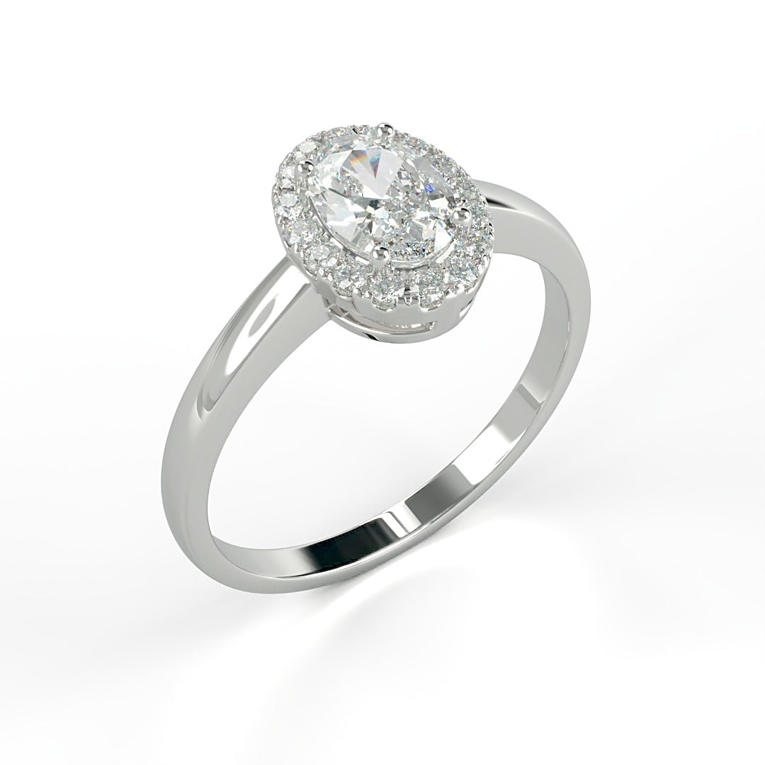 Verlobungsring Milane mit 0.90ct G/SI Oval-Cut Diamant, Halo aus 0.24ct G/S Brillanten, elegante Ringschiene – erhältlich in München und Augsburg