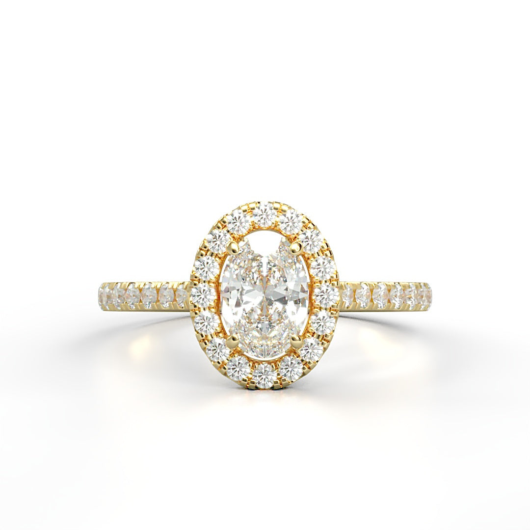 Verlobungsring Kelly mit 1.0 ct G/VS Oval-Cut Diamant, umrahmt von Halo und 0.5 ct seitlichen G/VS-Diamanten – erhältlich in München und Augsburg