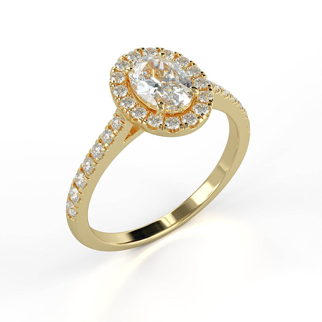 Verlobungsring Kelly mit 1.0 ct G/VS Oval-Cut Diamant, umrahmt von Halo und 0.5 ct seitlichen G/VS-Diamanten – erhältlich in München und Augsburg
