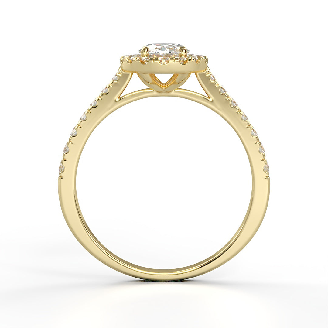 Verlobungsring Kelly mit 1.0 ct G/VS Oval-Cut Diamant, umrahmt von Halo und 0.5 ct seitlichen G/VS-Diamanten – erhältlich in München und Augsburg