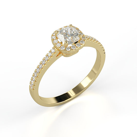 Verlobungsring Aurélie mit 0.30ct G/VS Cushion-Cut Diamant, Halo aus Diamanten, 0.17ct seitliche Diamanten – erhältlich in München und Augsburg