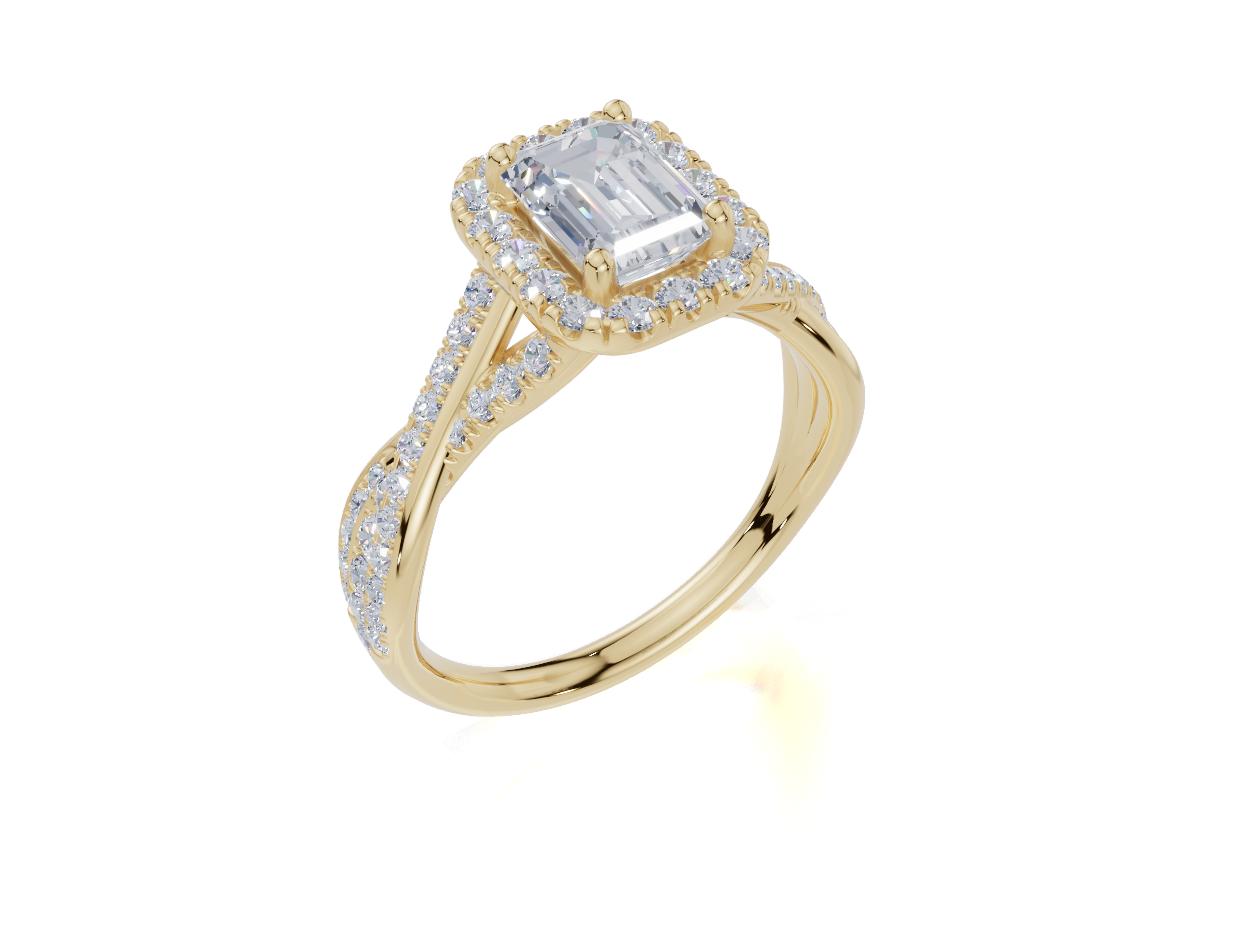 18ct Emerald 1.00Carat G/H-CC SI Twisted U Micro Single Halo Diamond Ring