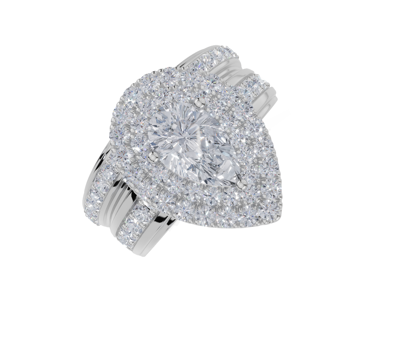 platinum Pear 1.00 Carat D/E/F-LG VS/VVS Wide Plain U Micro Double Halo Diamond Ring