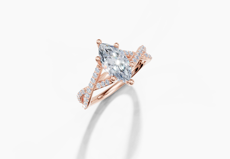 18K Marquise 1 Carat G/H SI Twisted Plate Prong Hidden Halo Diamond Ring