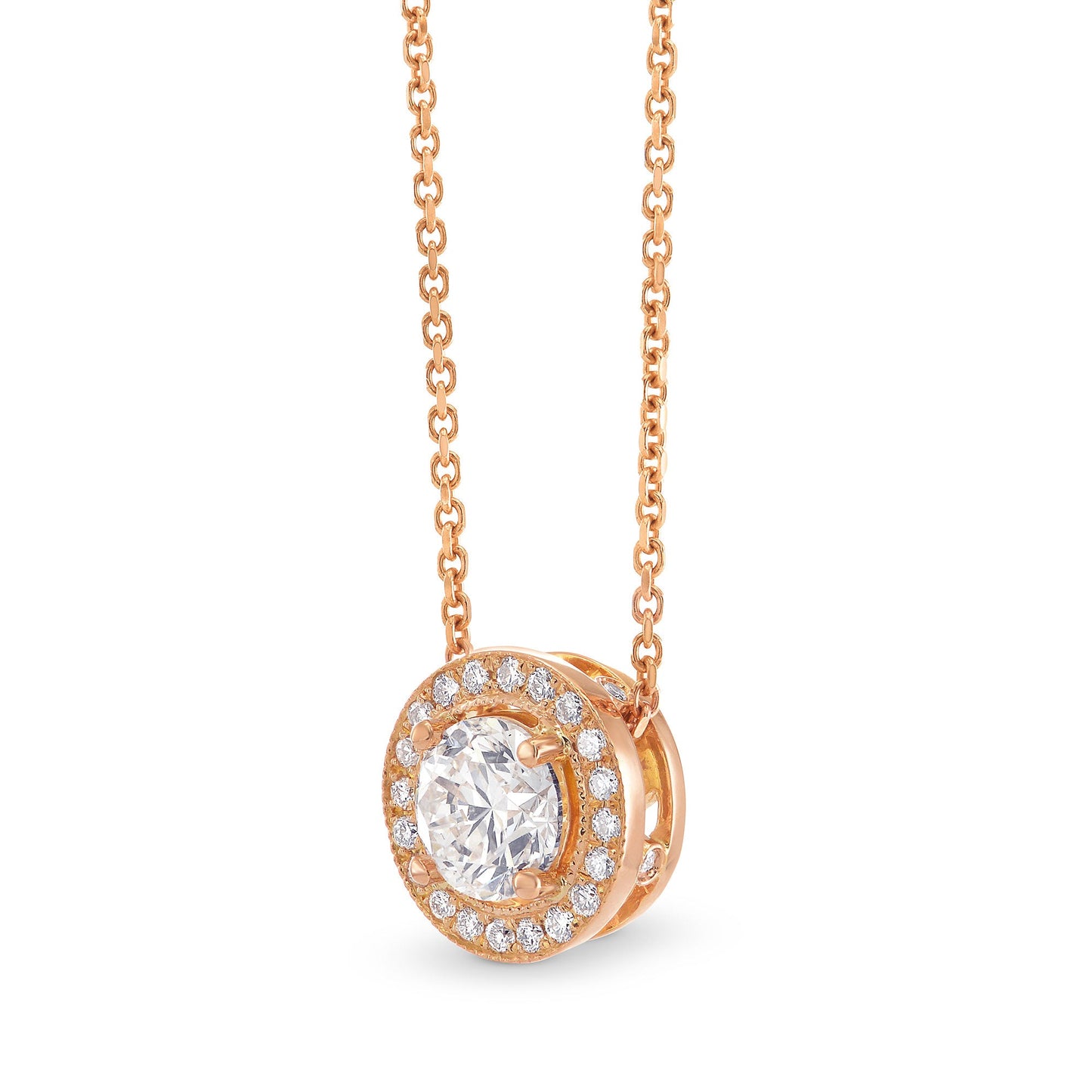 Runder, brillantgeschliffener Diamantanhänger aus Roségold mit Halo-Fassung