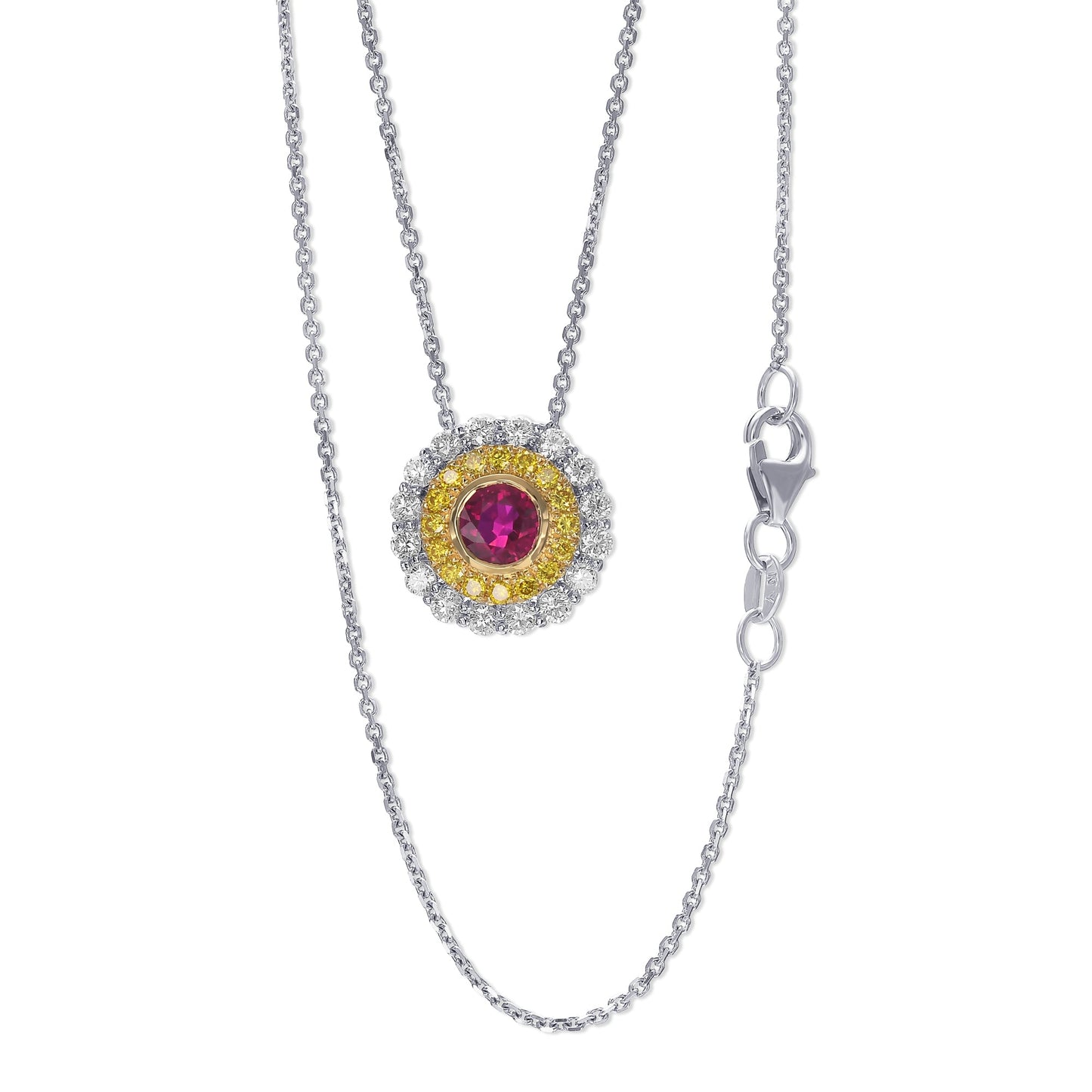 Ruby and Fancy Vivid Yellow Double Halo Diamond Pendant
