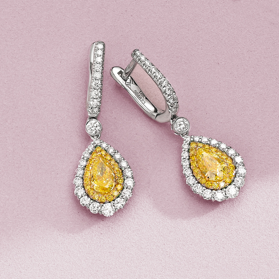 Fancy Intense Yellow Pear Diamond Halo Drop Earrings
