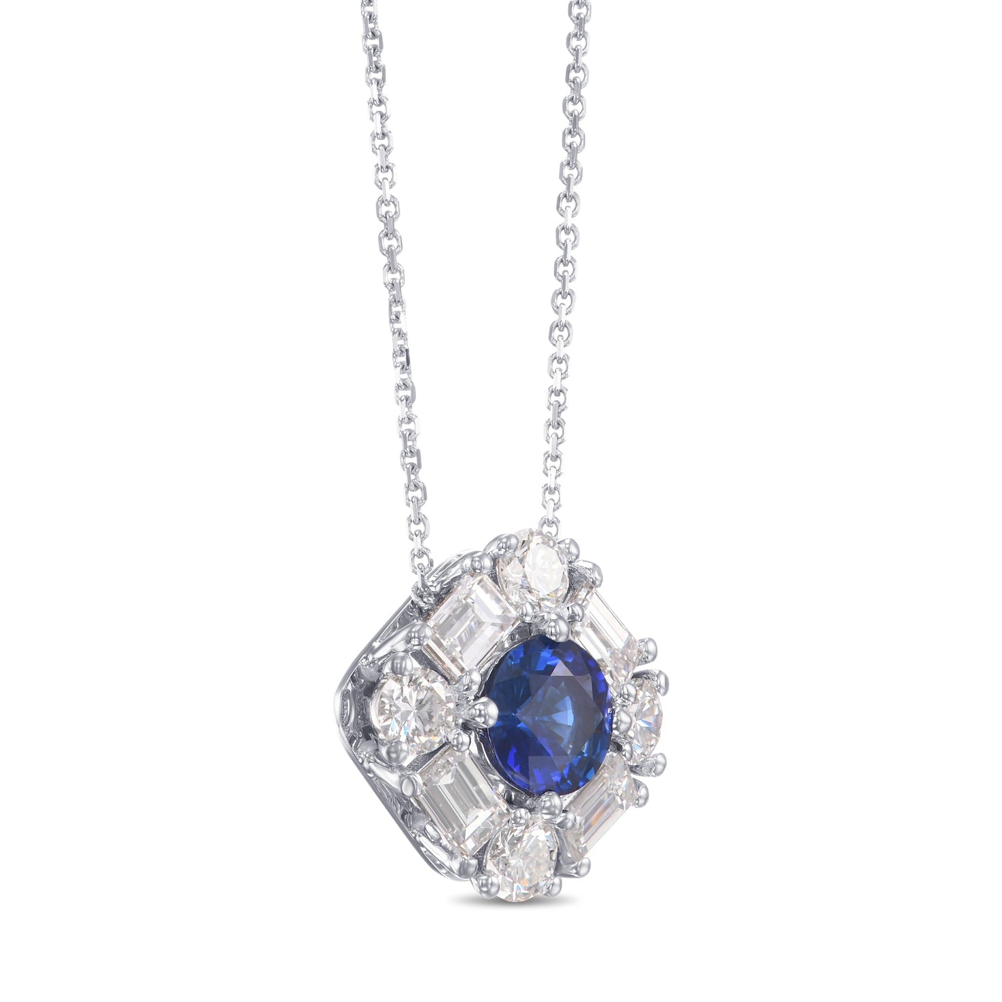 Runder blauer Saphir und Halo-Anhänger mit Baguette-Diamanten