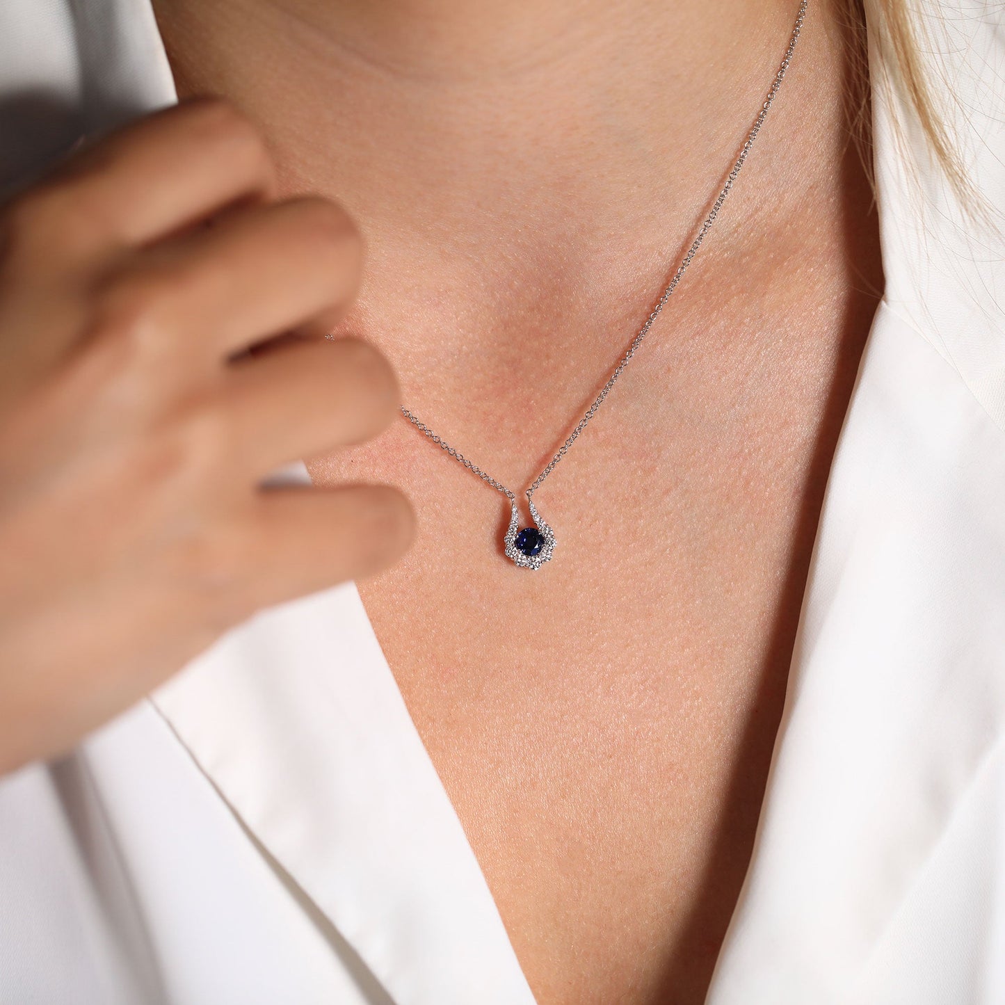 Round Blue Sapphire and Diamond Halo Pendant