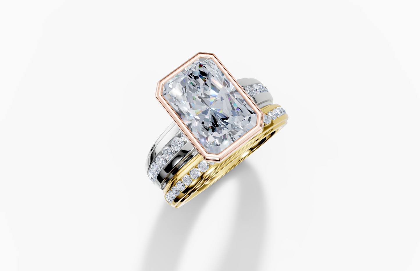 18K Radiant 4 Carat G/H SI Wide Plain Channel Bezel Diamond Ring