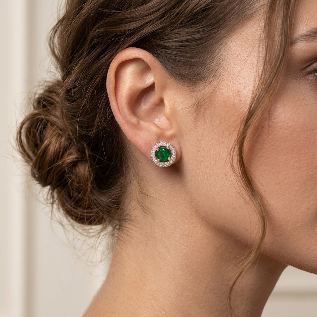 Grüne Smaragd- und Diamant-Halo-Ohrringe